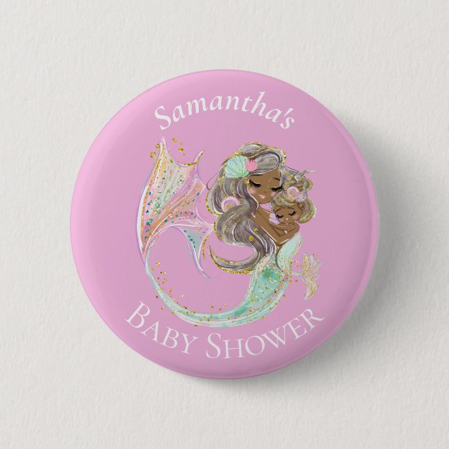 Mermaid Baby Shower Nautical Pink Button (Front)