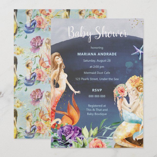 Mermaid Baby Shower Ocean Under Sea Floral Girl Invitation (Front/Back)