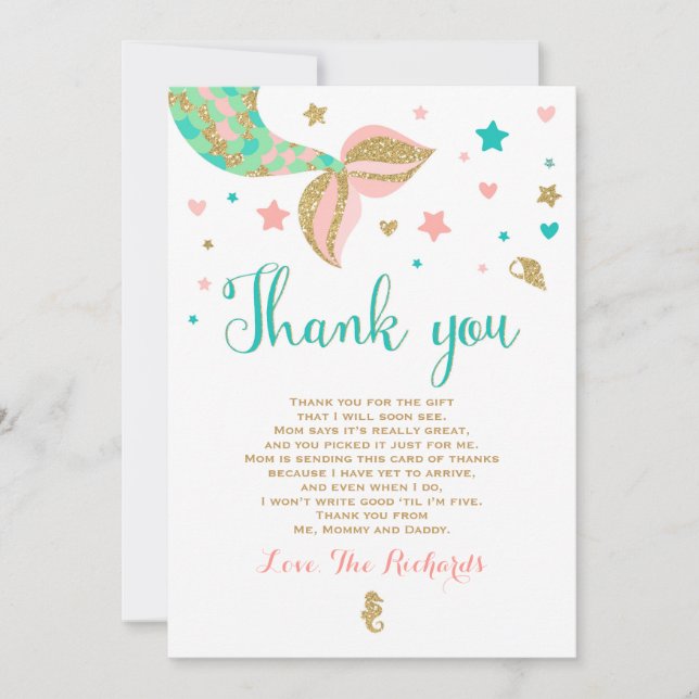 Mermaid Baby Shower Thank You Card Mermaid Baby (Front)