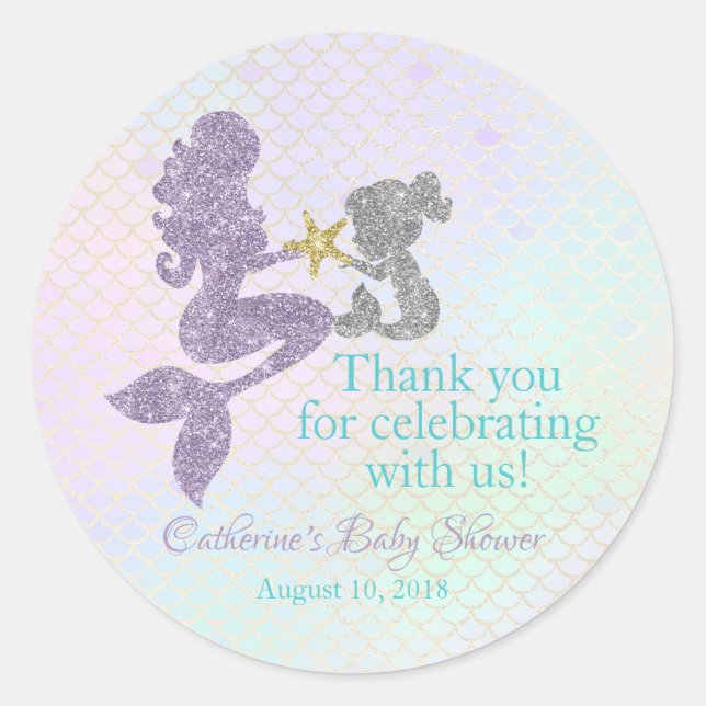 Mermaid Baby Shower thank you stickers party favou (Front)