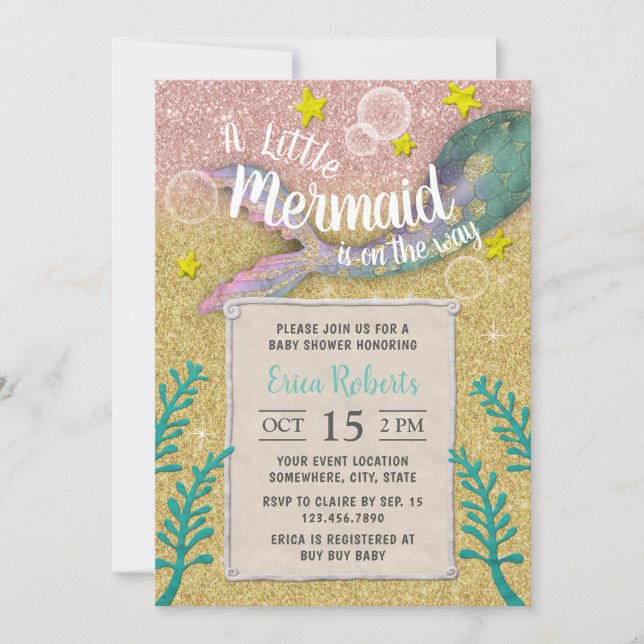 Mermaid Baby Shower Under the Sea Gold Glitter Invitation (Front)
