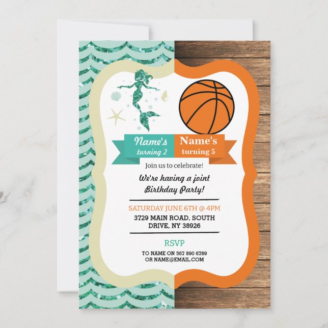 Mermaid & Basketball Joint Boy Girl Birthday Invitation (Front)