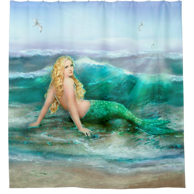 Mermaid Basking on Shore of Aqua Blue Sea Shower Curtain (Front)