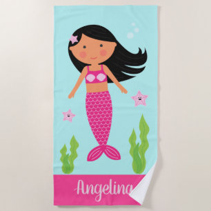 Mermaid Beach Towel Medium Skin, Black Hair
