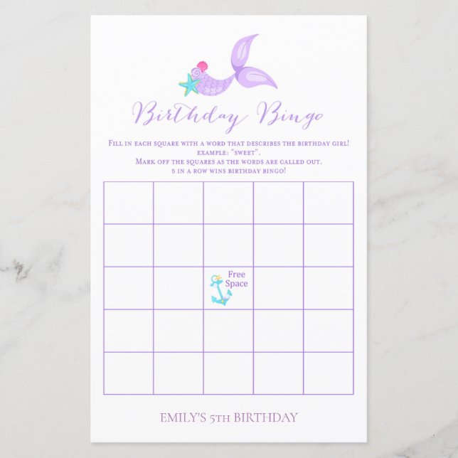 Mermaid Birthday Bingo (Front)