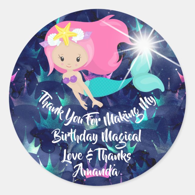 Mermaid Birthday Favour Girl Spark Braid Pink Sea Classic Round Sticker (Front)