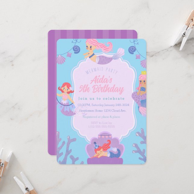 Mermaid Birthday Invitation (Front/Back In Situ)