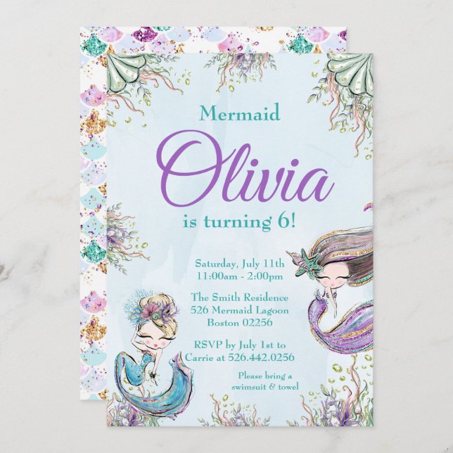 Mermaid Birthday invitation (Front/Back)