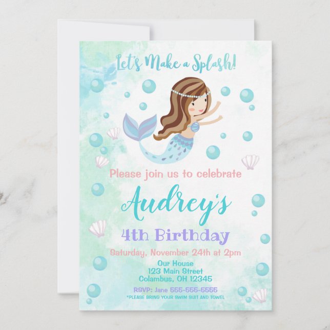 Mermaid Birthday Invitation / Brunette Mermaid (Front)