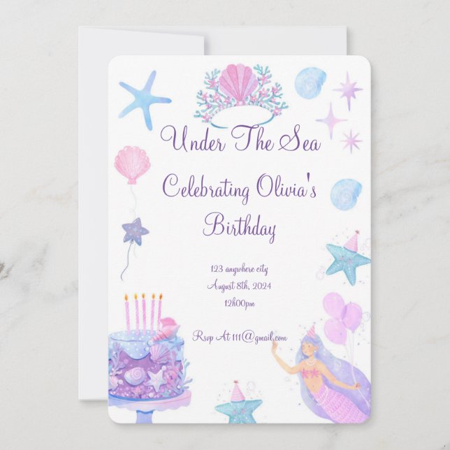 Mermaid Birthday Invitation For Girls Birthday  (Front)