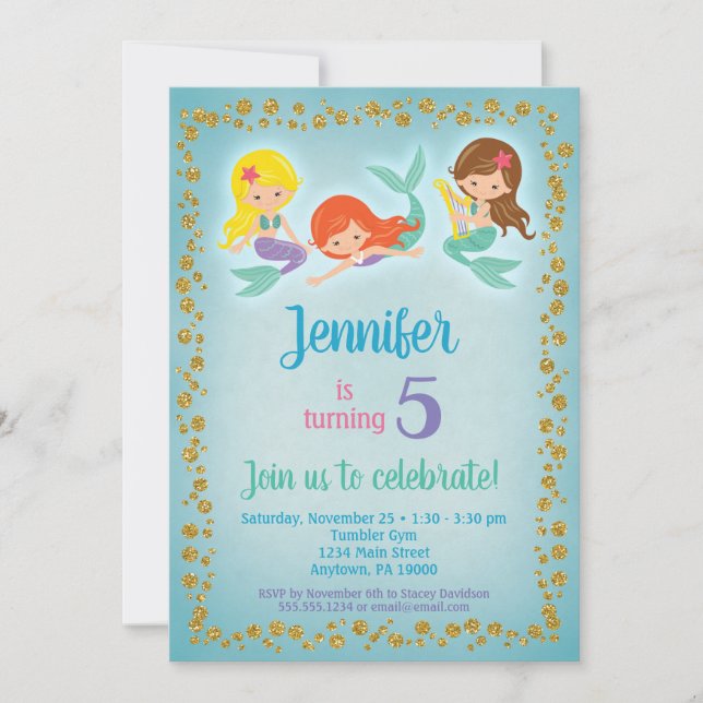 Mermaid Birthday Invitation - Girls Blue Gold (Front)