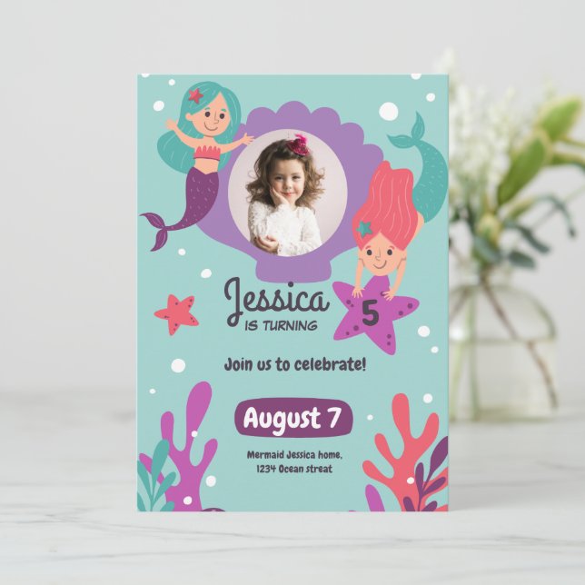 Mermaid Birthday Invitation, Girls Photo Birthday Invitation (Standing Front)