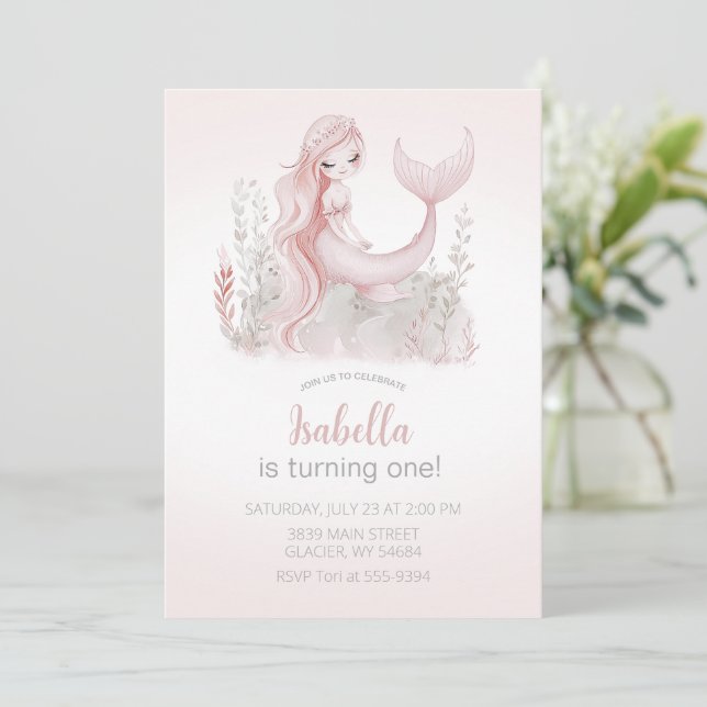 Mermaid Birthday Invitation in Pink (Standing Front)