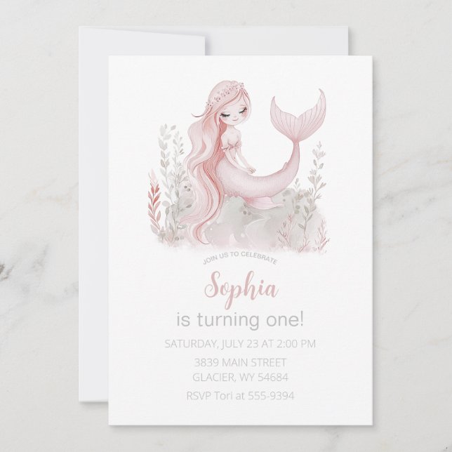 Mermaid Birthday Invitation in Pink (Front)