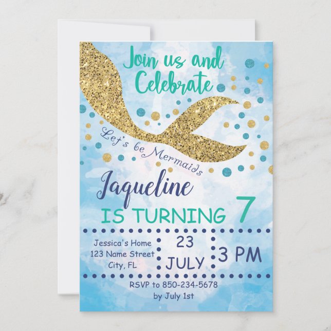 Mermaid Birthday Invitation- Let's be Mermaids- Invitation (Front)