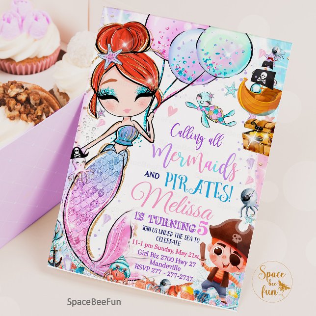 Mermaid Birthday Invitation Mermaid and Pirates (mermaid birthday party,Mermaid and pirates,Birthday Invitation,Mermaid Pirates invites,Party mermaid)