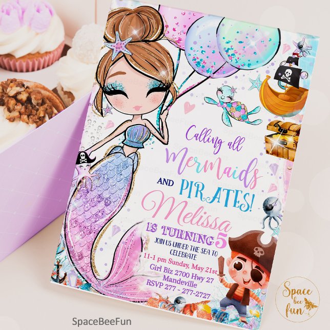 Mermaid Birthday Invitation Mermaid and Pirates  (Mermaid Birthday Invitation Mermaid and Pirates Party invite, Pool invite, Magical party, Brown hair)