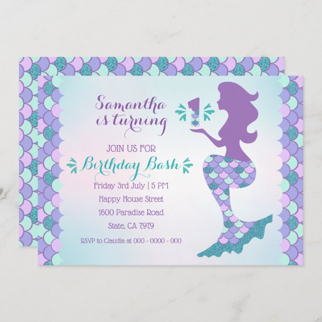 Mermaid Birthday Invitation Mermaid Number 1 (Front/Back)