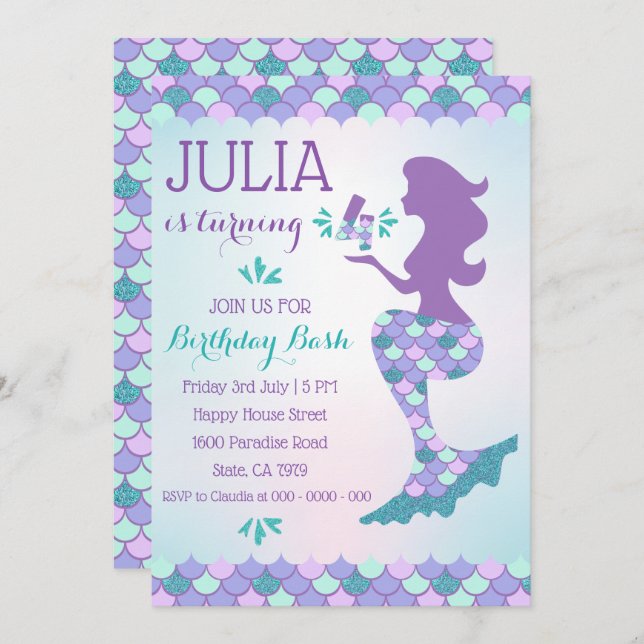 Mermaid Birthday Invitation Mermaid Number 4 (Front/Back)
