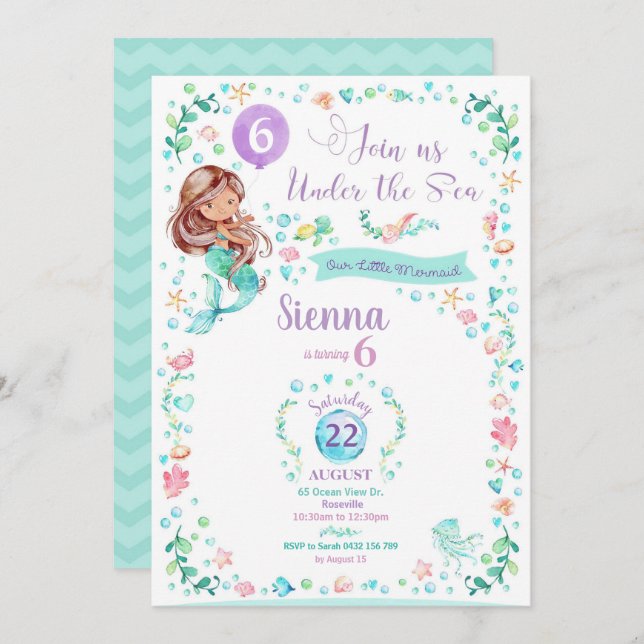 Mermaid Birthday Invitation Mermaid Party Dark Tan (Front/Back)