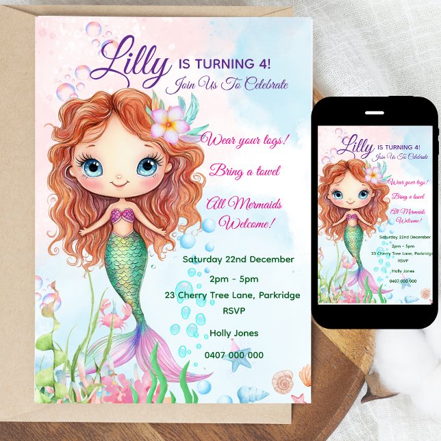 Mermaid Birthday Invitation - Personalised  (Personalized Watercolor Mermaid Birthday Invitation | Editable Text | Digital or Printed | Coloring )