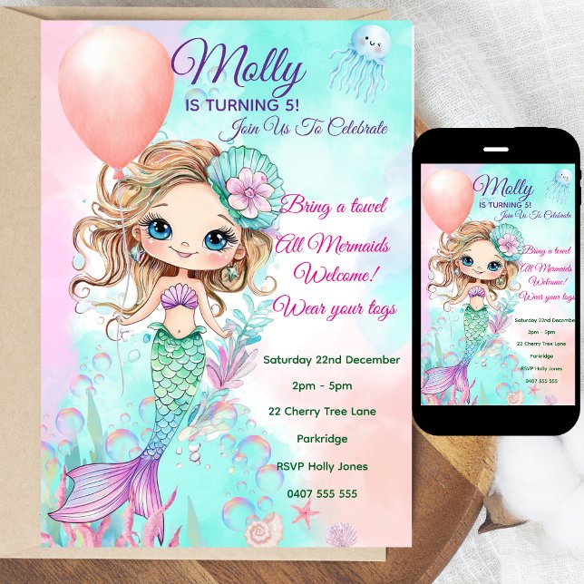 Mermaid Birthday Invitation - Personalised  (Personalized Watercolor Mermaid Birthday Invitation | Editable Text | Digital or Printed | Coloring )