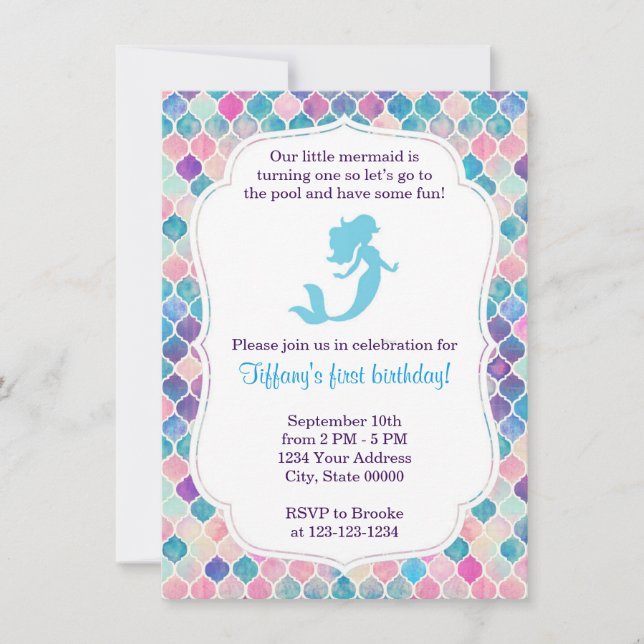 Mermaid Birthday Invitation with back (Front)