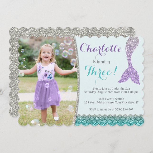 Mermaid Birthday Invitation with Photo (Front/Back)