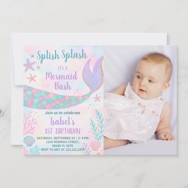 Mermaid Birthday Invitation with photo (Front)