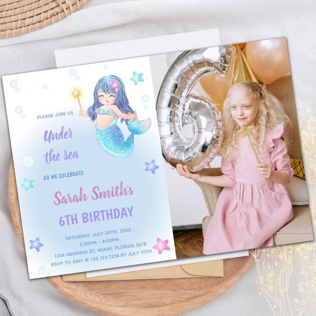 Mermaid Birthday Invitation with Photo (Mermaid Birthday Invitations with photo)