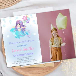 Mermaid Birthday Invitations with Dolphin & Photo