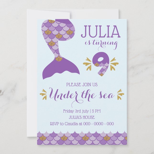 Mermaid Birthday Mermaid Number 9 Invitation (Front)