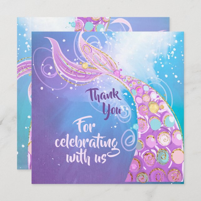 Mermaid Birthday Party Bash Thank You Card (Front/Back)