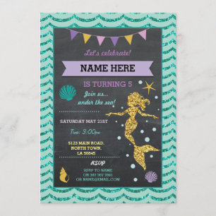Mermaid Birthday Party Gold Glitter Sea Invitation