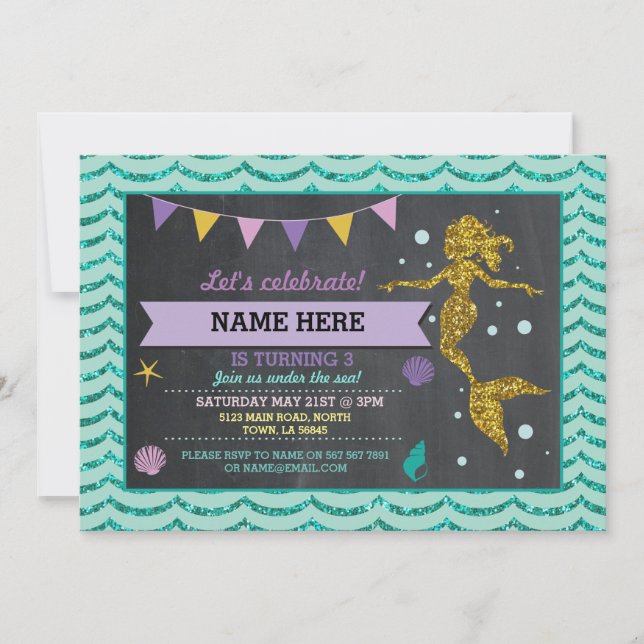Mermaid Birthday Party Gold Glitter Sea Invitation (Front)