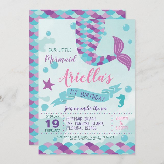 Mermaid Birthday Party Invitation (Front/Back)