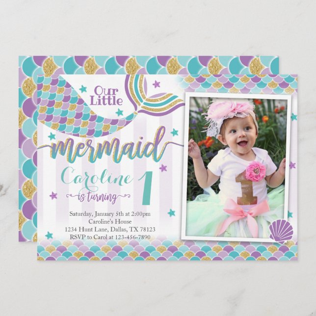Mermaid Birthday Party Invitation Invite (Front/Back)