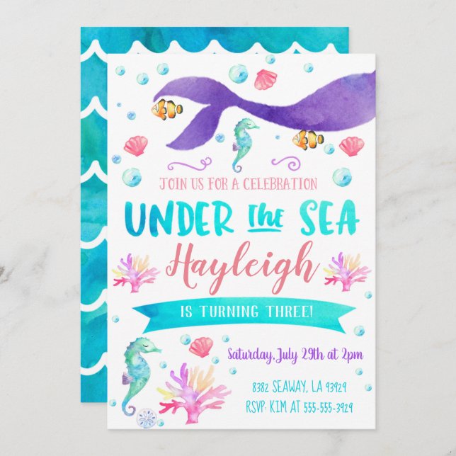 Mermaid Birthday Party Invitation Mermaid (Front/Back)