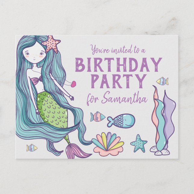 Mermaid Birthday Party Invitation Postcard (Front)