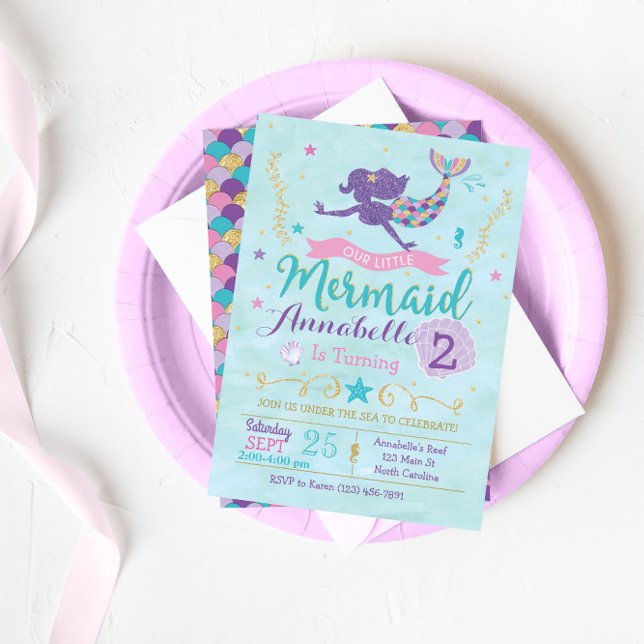Mermaid Birthday Party Invitation Purple Pink Gold (Creator Uploaded)