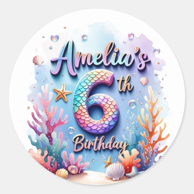 Mermaid Birthday Party Sticker – Custom Name & Age (Front)