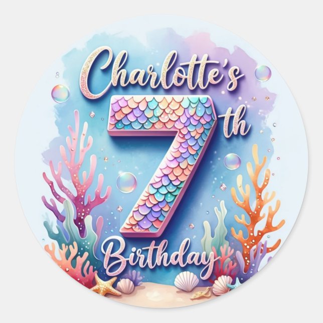 Mermaid Birthday Party Sticker – Custom Name & Age (Front)