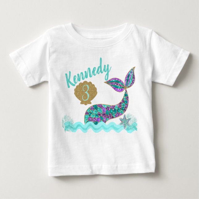 Mermaid birthday party t-shirt, Onsie tutu custom Baby T-Shirt (Front)