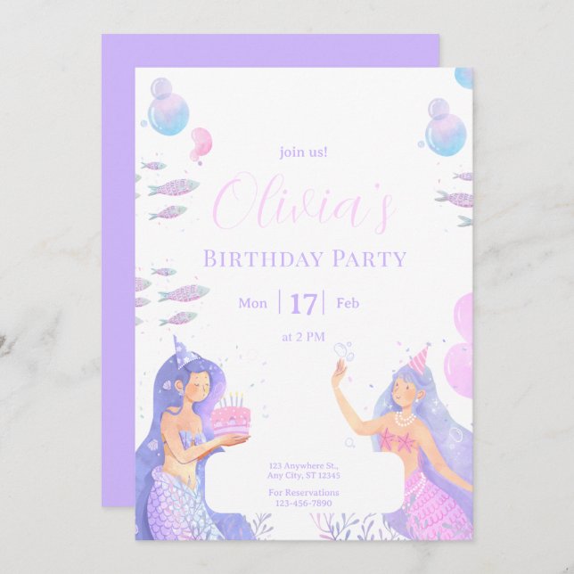 Mermaid Birthday Party, Under the Sea Mermaid Invitation (Front/Back)
