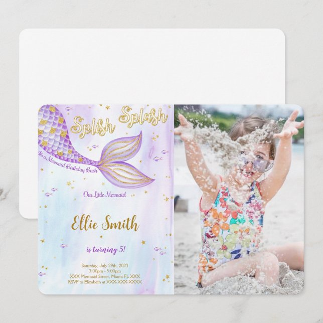 Mermaid Birthday Photo Invitation (Front/Back)