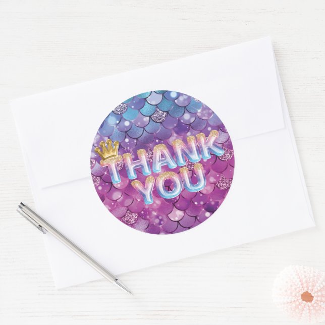 Mermaid Birthday Pink Glitter Thank you Star Stick Classic Round Sticker (Envelope)