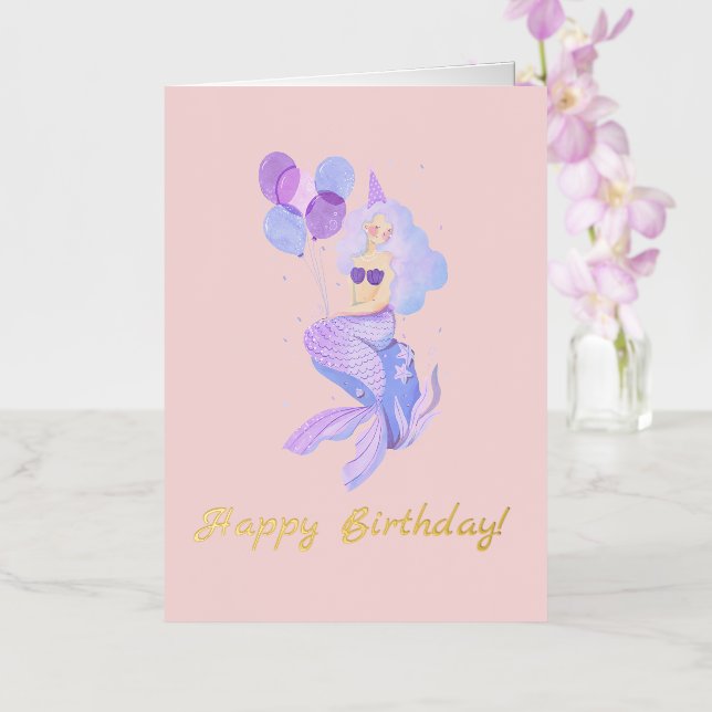 Mermaid Birthday Pink Peach Foil Greeting Card (Orchid)