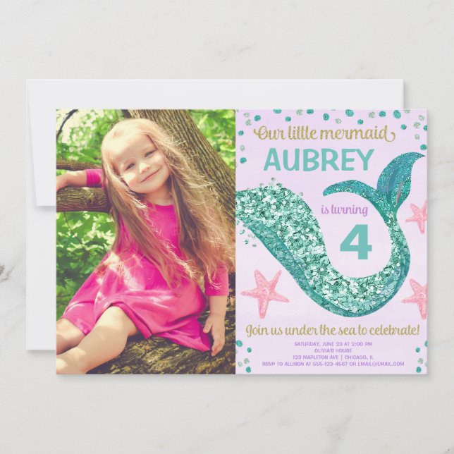 Mermaid birthday pink purple teal glitter photo invitation (Front)