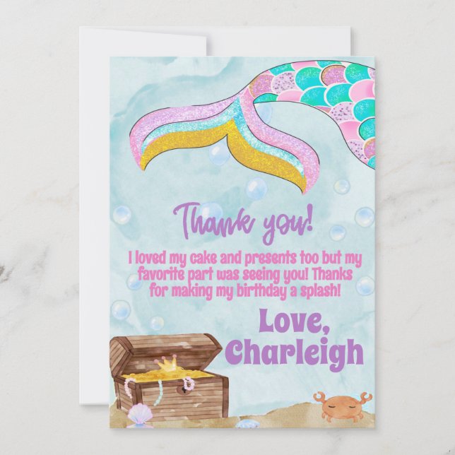 Mermaid Birthday Thank You Card (Front)