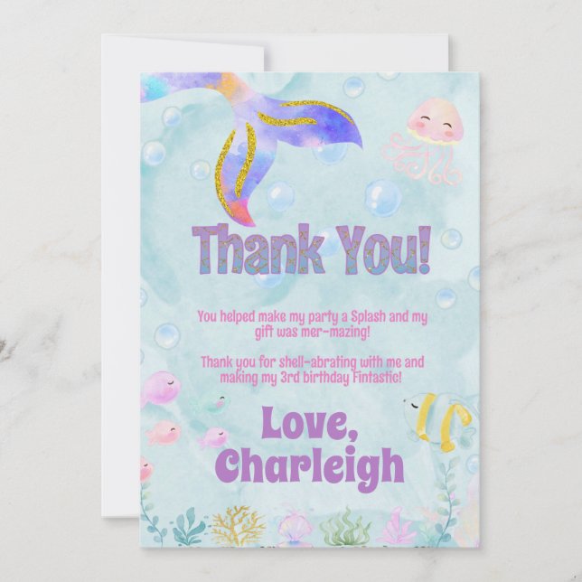 Mermaid Birthday Thank You Card (Front)